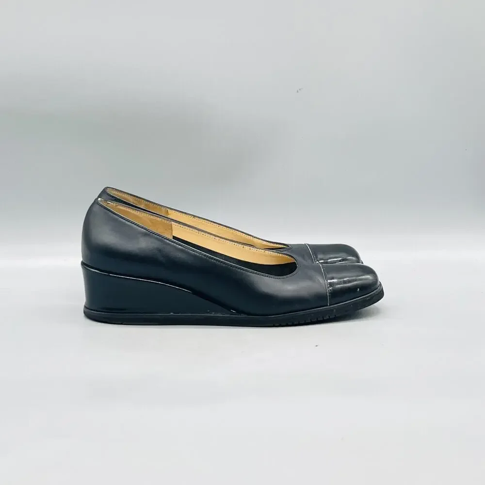 Salvatore Ferragamo Shoes Womens 7.5 Black Leather Wedge Pumps Square Cap Toe
